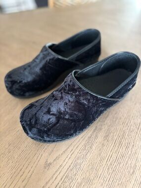 Dansko Black Velvet Slip-On Clogs — Plush Comfort